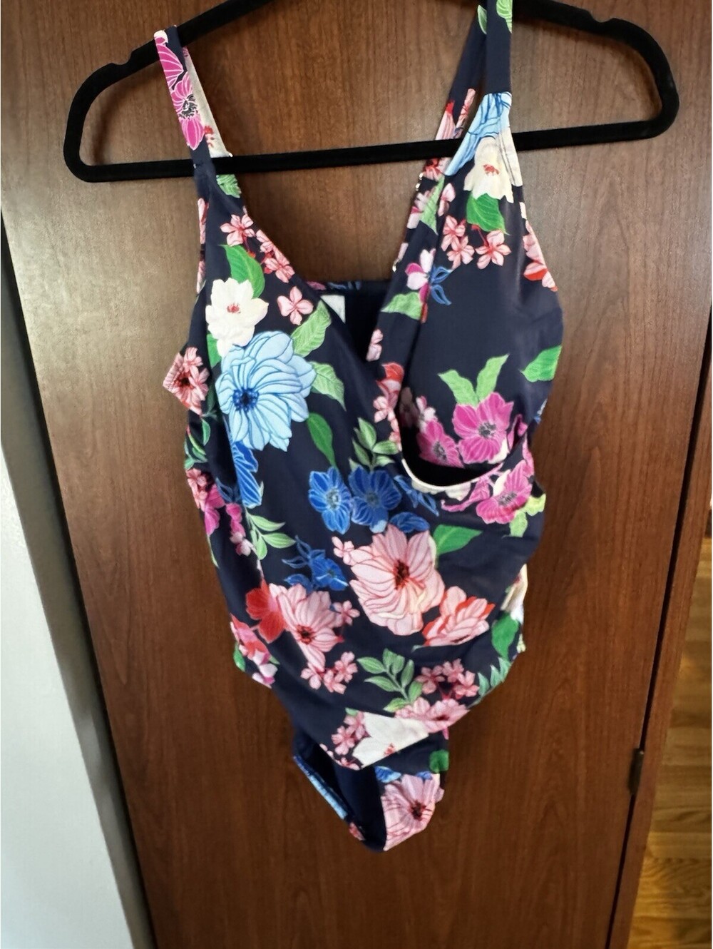 Liz Claiborne 16W Floral One Piece Swimsuit Navy Pink Adjustable Straps Plus